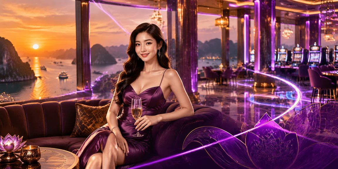 Cảnh đêm vịnh Hạ Long với ánh đèn neon, người dùng theo dõi kèo thể thao và bonus VIP trực tuyến