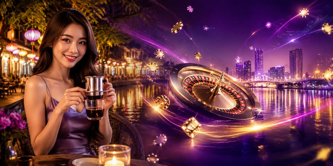 Cảnh chơi roulette trực tuyến bên tách cà phê tại Hội An với không khí yên tĩnh ban đêm